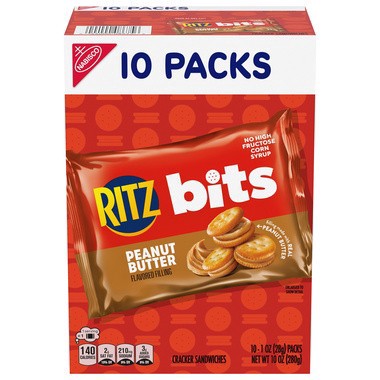 slide 1 of 1, RITZ Bits Peanut Butter Sandwich Crackers, Lunch Snacks, 10 Snack Packs, 10 ct