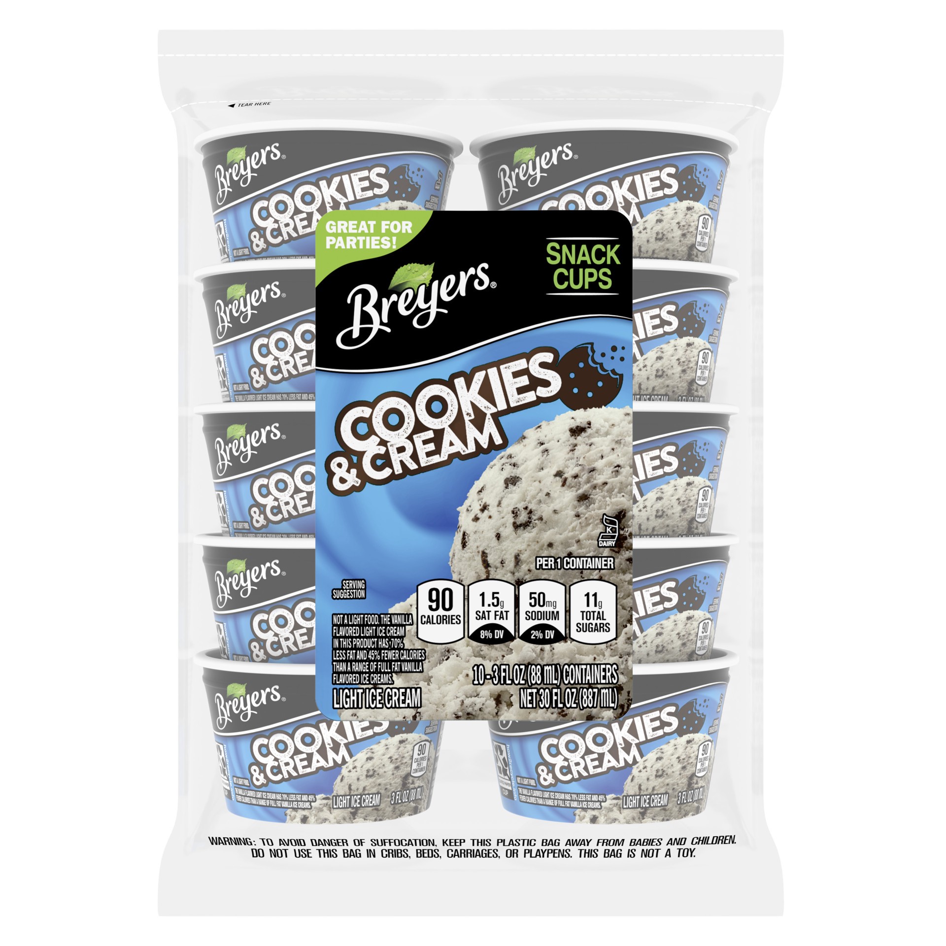 slide 1 of 5, Breyers Light Ice Cream Cookies & Cream, 3 oz, 10 Ct, 10 ct