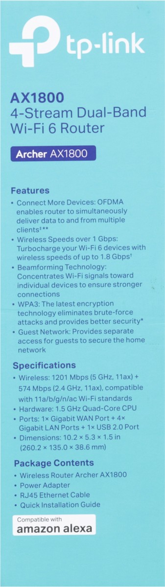 slide 10 of 11, TP-Link 4-Stream Archer AX1800 Dual-Band Wi-Fi 6 Router 1 ea, 1 ct