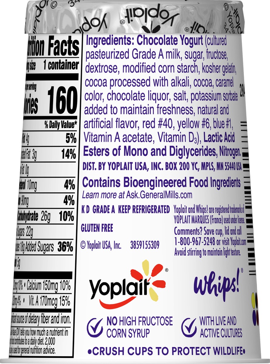 slide 6 of 9, Yoplait Whips Yogurt Mousse, Chocolate Flavored, Gluten Free Snack, 4 OZ Yogurt Cup, 4 oz