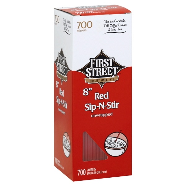 slide 1 of 1, First Street 8 Inch Red Sip-N-Stir Straws, 700 ct