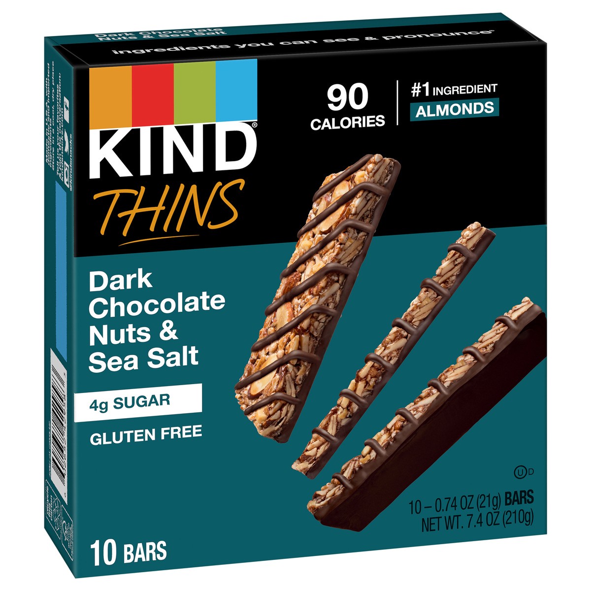 slide 2 of 8, KIND Thins Gluten Free Dark Chocolate Nuts & Sea Salt Snack Bars, 0.74 oz, 10 Count, 1 ct