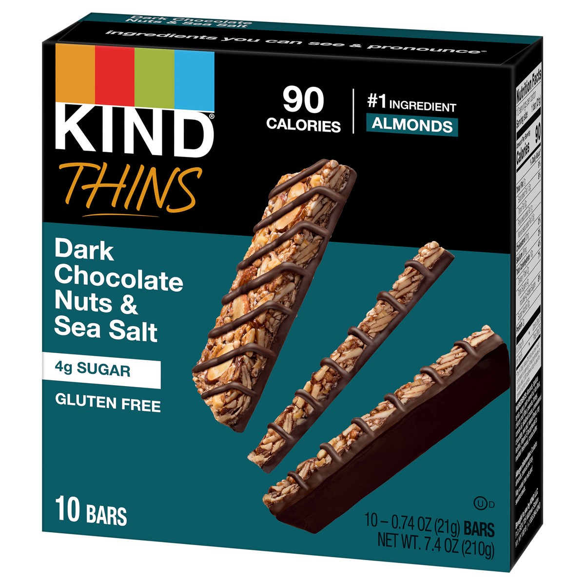 slide 3 of 8, KIND Thins Gluten Free Dark Chocolate Nuts & Sea Salt Snack Bars, 0.74 oz, 10 Count, 1 ct