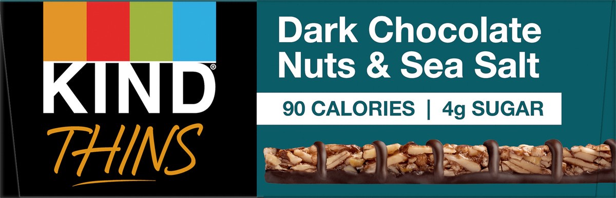 slide 4 of 8, KIND Thins Gluten Free Dark Chocolate Nuts & Sea Salt Snack Bars, 0.74 oz, 10 Count, 1 ct