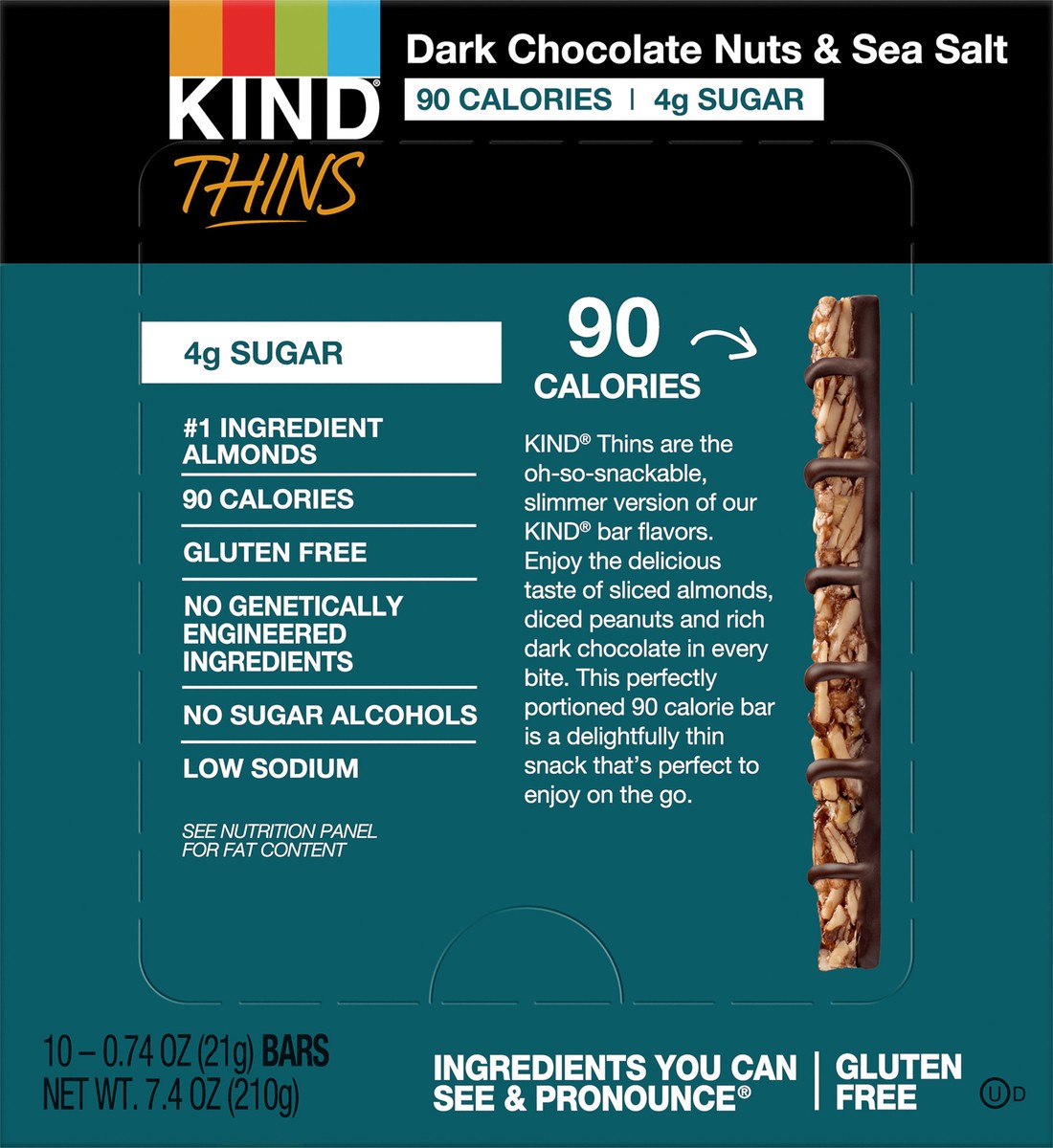 slide 5 of 8, KIND Thins Gluten Free Dark Chocolate Nuts & Sea Salt Snack Bars, 0.74 oz, 10 Count, 1 ct