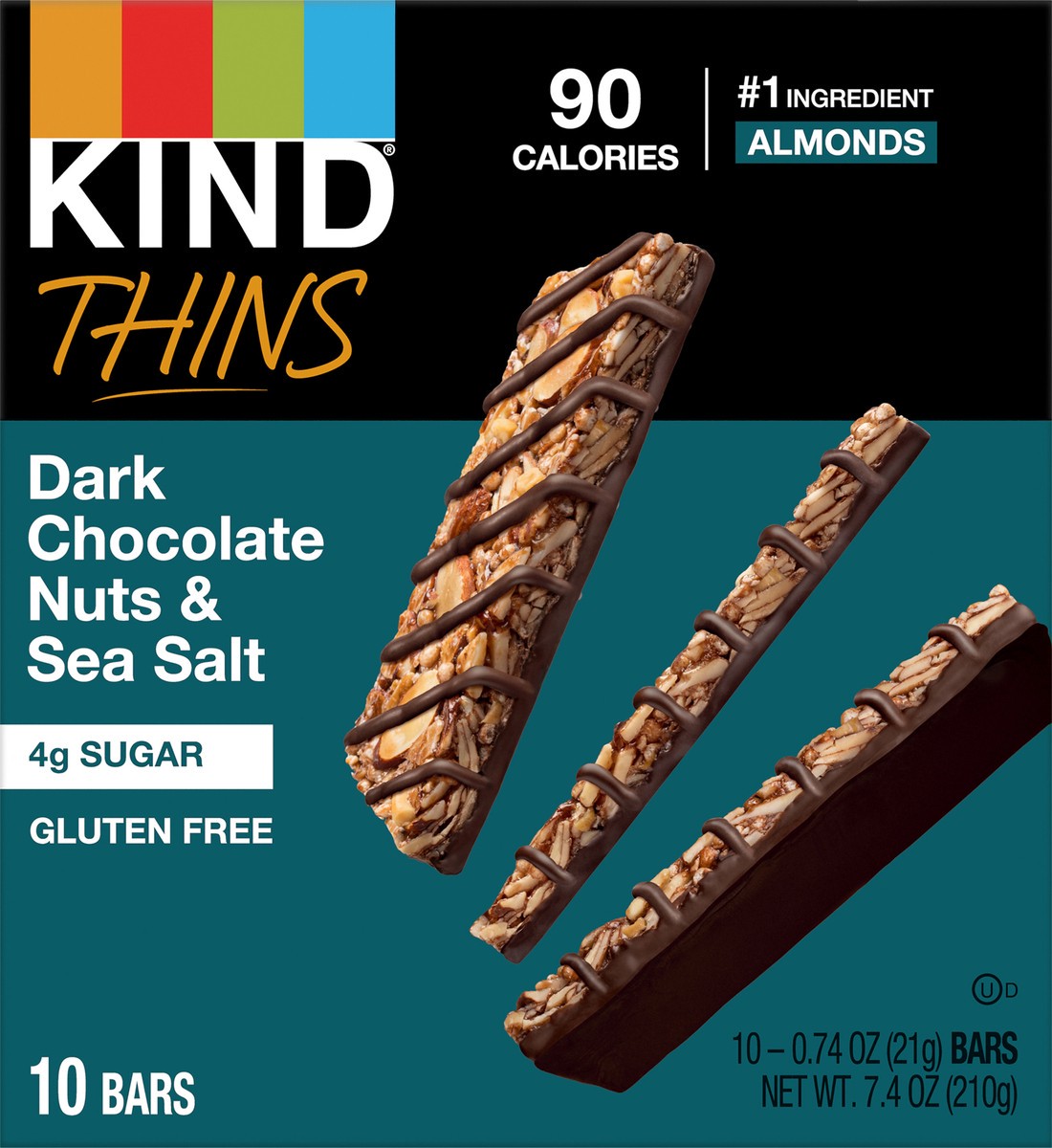 slide 6 of 8, KIND Thins Gluten Free Dark Chocolate Nuts & Sea Salt Snack Bars, 0.74 oz, 10 Count, 1 ct
