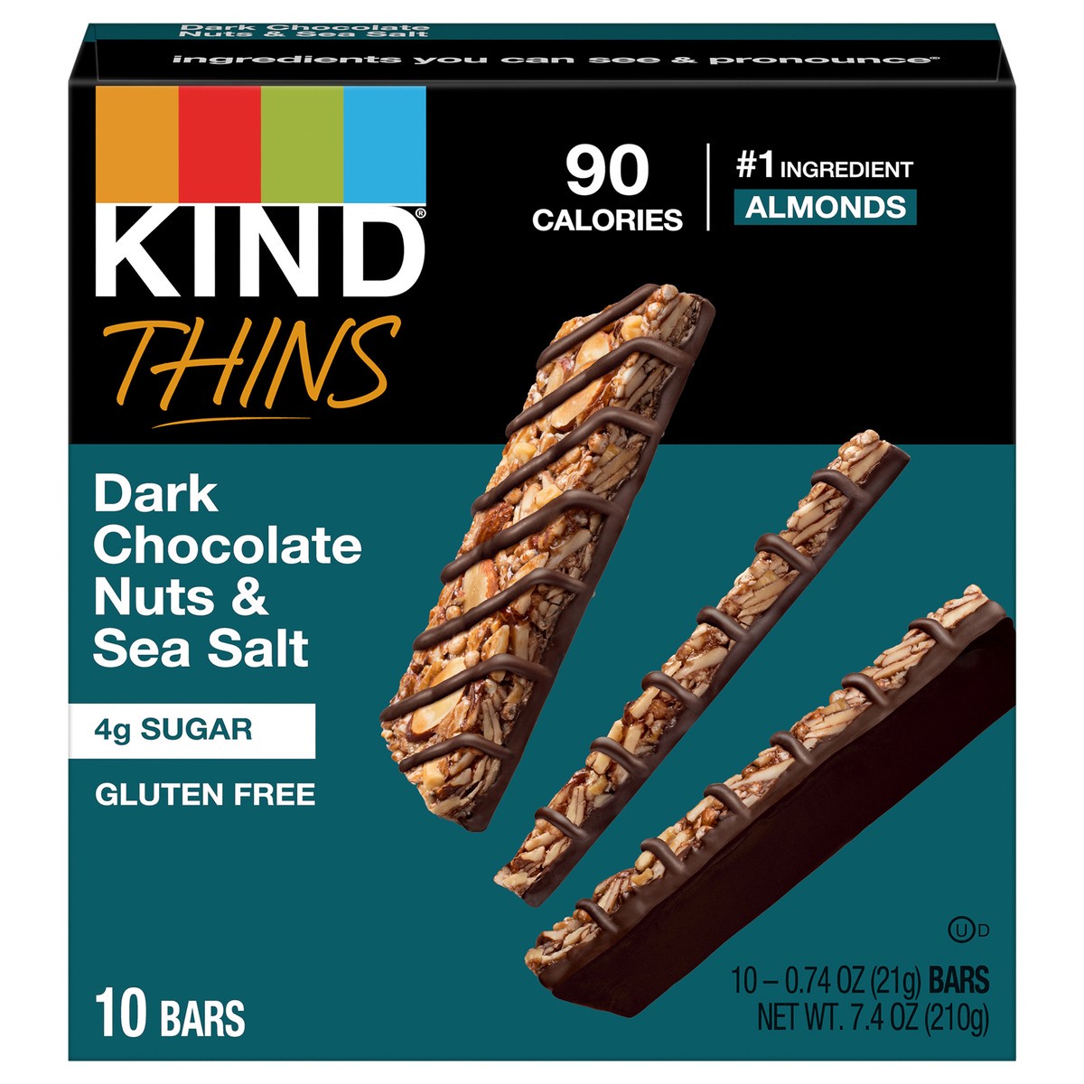 slide 1 of 8, KIND Thins Gluten Free Dark Chocolate Nuts & Sea Salt Snack Bars, 0.74 oz, 10 Count, 1 ct