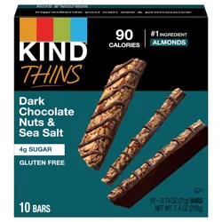 KIND Thins Gluten Free Dark Chocolate Nuts & Sea Salt Snack Bars, 0.74 oz, 10 Count