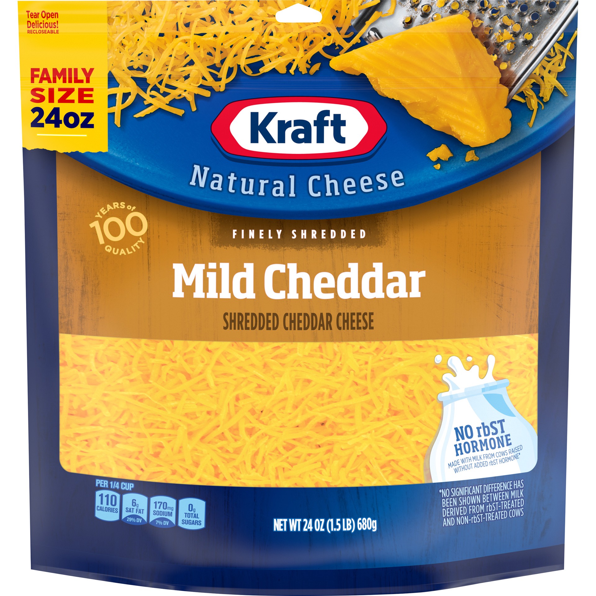 slide 1 of 1, Kraft Mild Cheddar Finely Shredded Cheese Family Size, 24 oz Bag, 24 oz