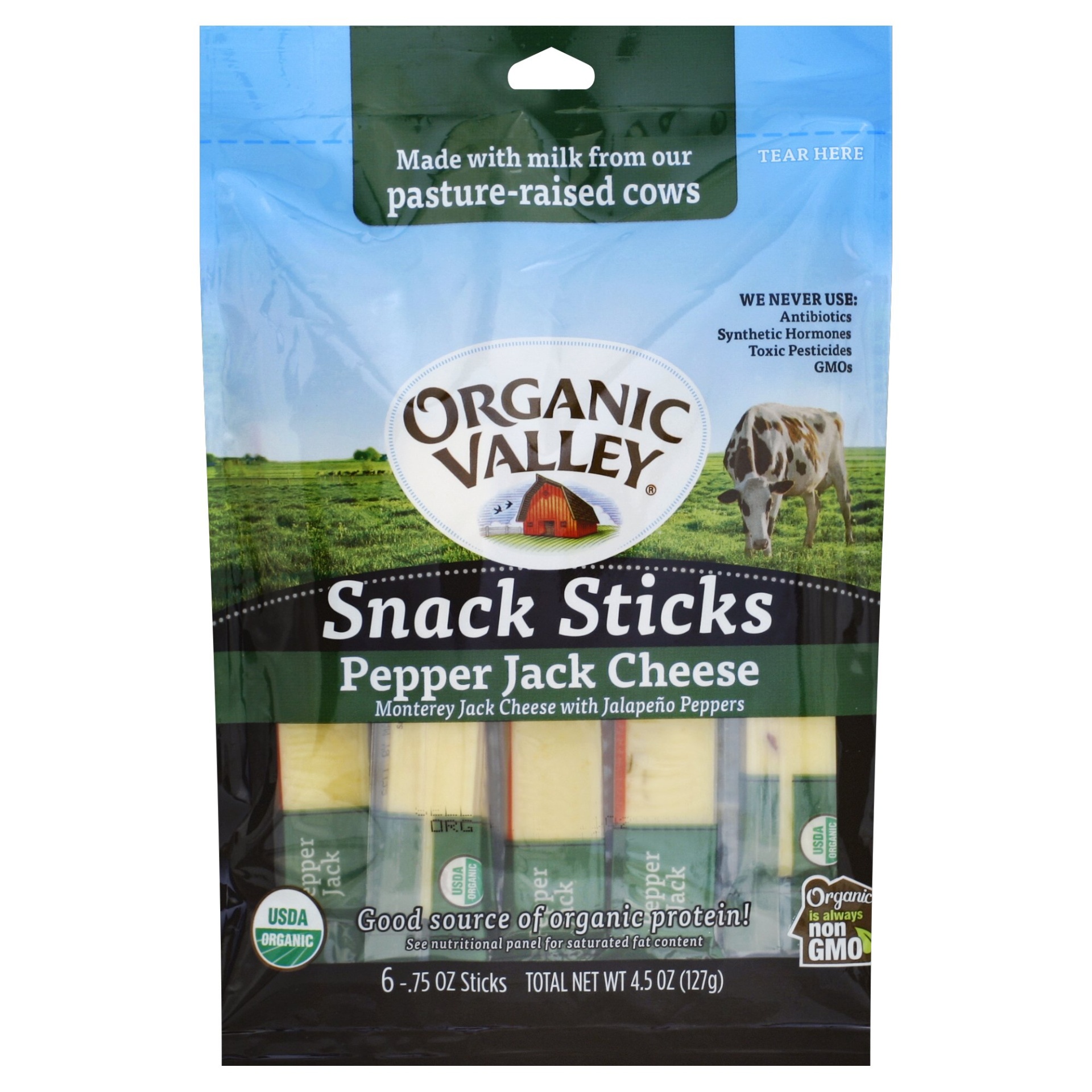 slide 1 of 1, Organic Valley Pepper Jack Cheese Snack Sticks, 4.5 oz