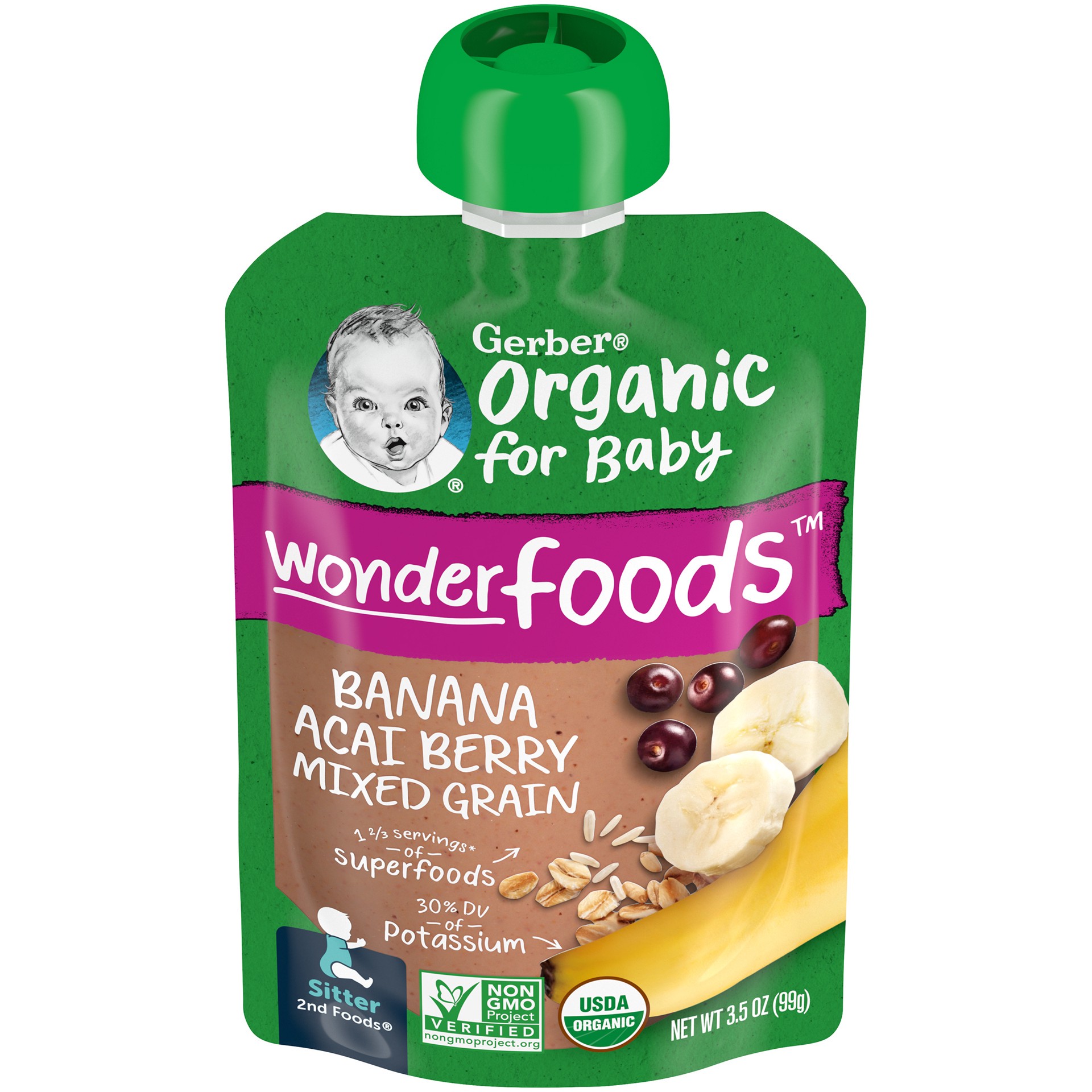 slide 1 of 5, Gerber 2nd Foods Organic Banana Acai Berry Mixed Grain Baby Food, 3.5 oz Pouch, 3.5 oz